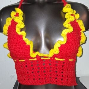 Red and Yellow Crochet Halter Top
